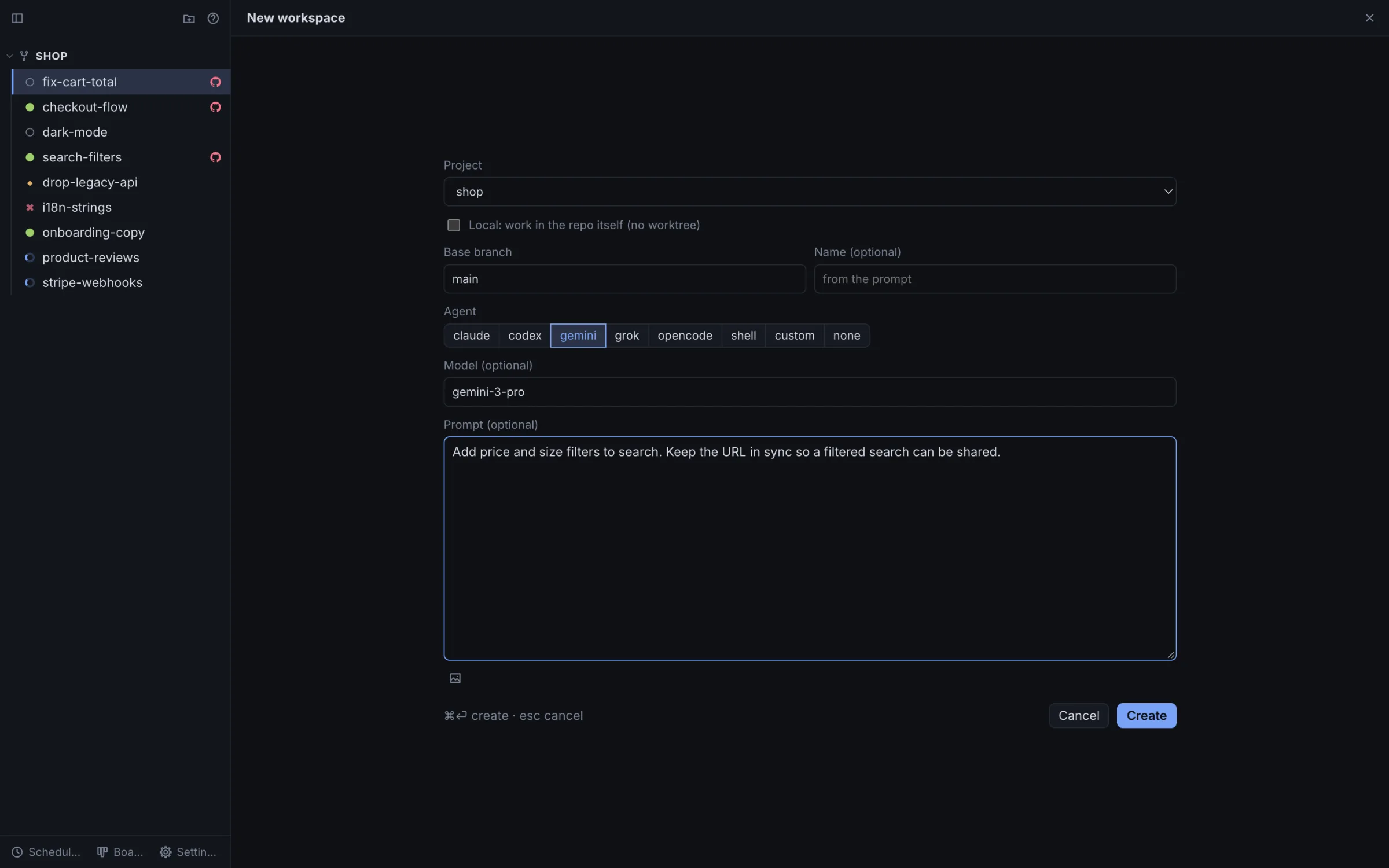 New workspace page: agent picker with claude, codex, gemini, grok, opencode, shell and custom, a model field and a first prompt