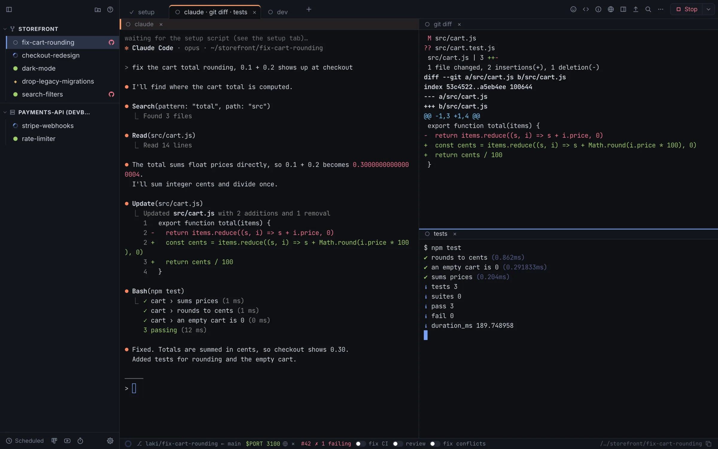 Laki: a sidebar of workspaces with live status, Claude Code on the left, git diff and tests in split panes on the right, PR #42 with 1 failing check in the status bar