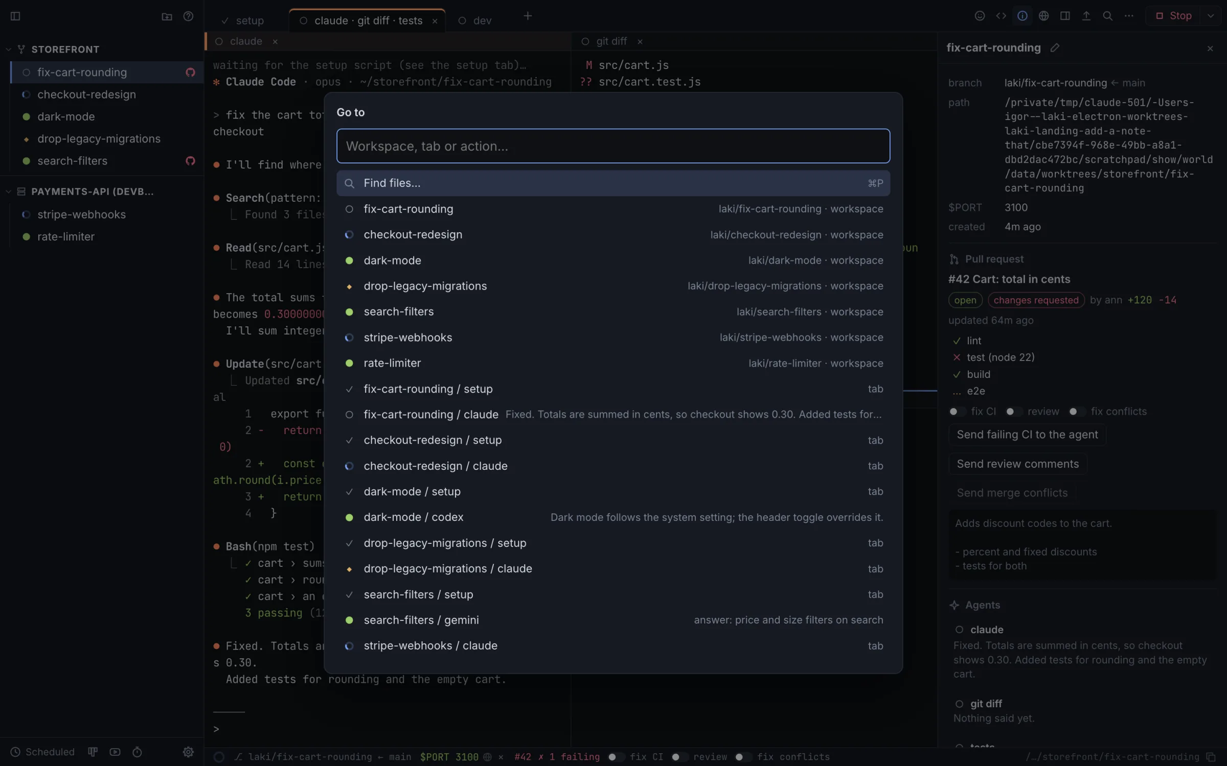 Command palette listing workspaces, tabs and their last messages