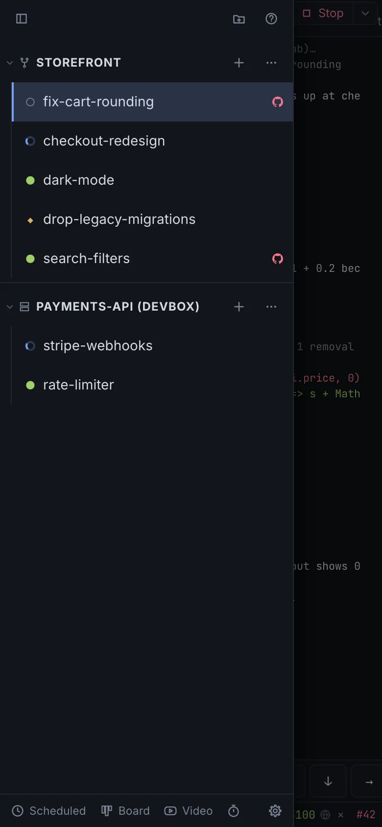 Laki on a phone: the sidebar with workspace statuses