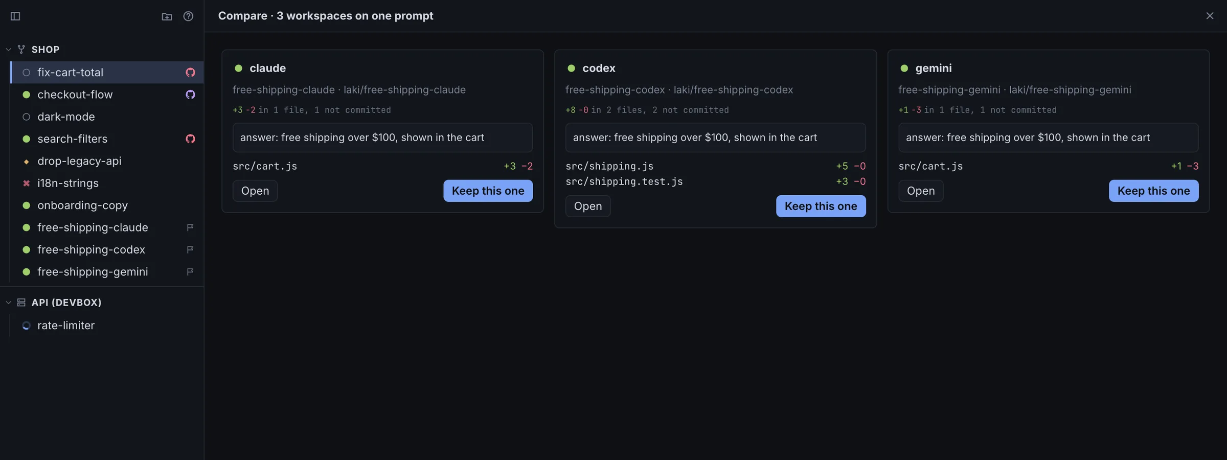 Compare: three workspaces on one prompt, claude, codex and gemini, with their diffs, answers and Keep this one buttons
