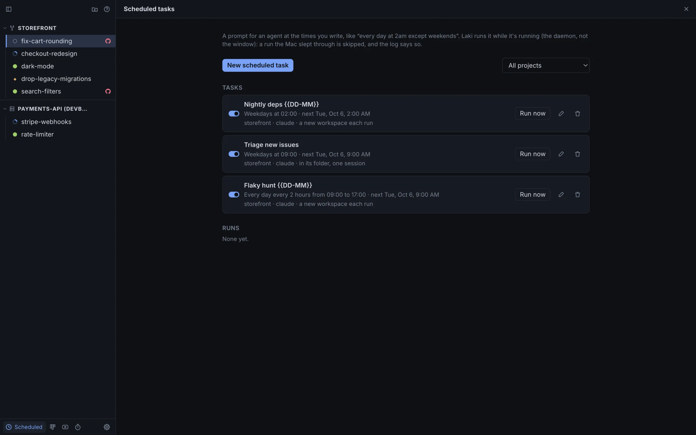 Scheduled tasks: Nightly deps, Triage new issues, Flaky hunt, with a run log