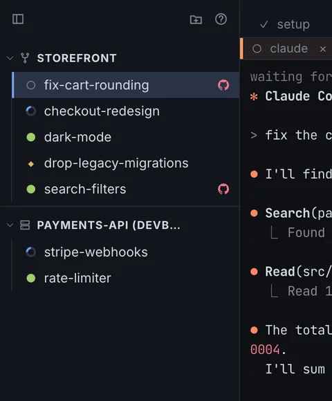 Sidebar with a status glyph per workspace